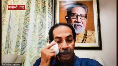 CM Uddhav Thackeray becomes emotional while addressing the party through video conferencing from Matoshree, the family residence at Bandra, in Mumbai. (VIDEO GRAB) CM Uddhav Thackeray becomes emotional while addressing the party through video conferencing from Matoshree, the family residence at Bandra, in Mumbai. (VIDEO GRAB)