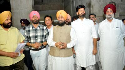 Congress leaders after staging a walkout at the Punjab Vidhan Sabha on Friday. (Ravi Kumar/HT) Congress leaders after staging a walkout at the Punjab Vidhan Sabha on Friday. (Ravi Kumar/HT)