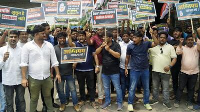 Youth Congress workers protest against the ‘Agnipath’ defence recruitment scheme. (ANI Photo) Youth Congress workers protest against the ‘Agnipath’ defence recruitment scheme. (ANI Photo)