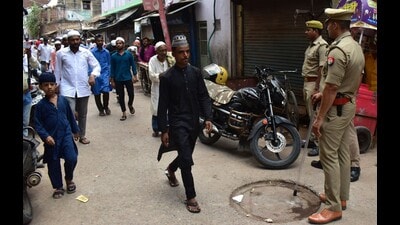 Security personnel stationed on roads and bylanes of old city area in Prayagraj on Friday. (HT photo)