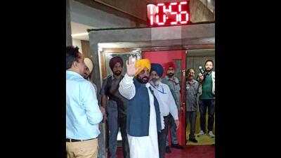 Punjab chief minister Bhagwant Mann arriving for the first day of the budget session of the state assembly in Chandigarh on Friday. (Ravi Kumar/HT)