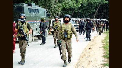 Incriminating material of proscribed terror outfit LeT, explosive substance, including three grenades, two AK-magazines and 65 rounds of AK-47, were recovered from their possession. Police on Friday busted Lashkar’s narco-terror-funding module in Budgam and arrested four people. (PTI File Photo) Incriminating material of proscribed terror outfit LeT, explosive substance, including three grenades, two AK-magazines and 65 rounds of AK-47, were recovered from their possession. Police on Friday busted Lashkar’s narco-terror-funding module in Budgam and arrested four people. (PTI File Photo)