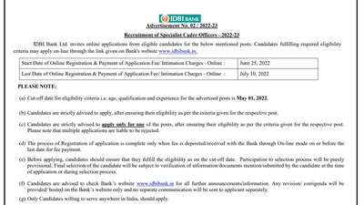 IDBI SO Recruitment 2022: Apply for 226 SCO vacancies from June 25 IDBI SO Recruitment 2022: Apply for 226 SCO vacancies from June 25