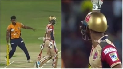 Baba Aparajith runs out Narayan Jagadeesan; the batters makes an obscene finger gesture (Twitter) Baba Aparajith runs out Narayan Jagadeesan; the batters makes an obscene finger gesture (Twitter)