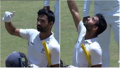 Yash Dubey celebrates his century in the Ranji Trophy final (Twitter/BCCI) Yash Dubey celebrates his century in the Ranji Trophy final (Twitter/BCCI)