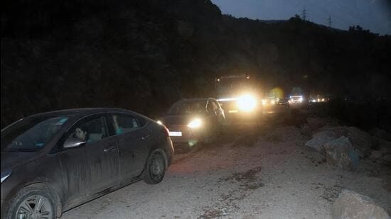 Vehicles are stuck in a traffic jam as the Jammu-Srinagar National Highway (NH-44) reopens after it was closed following the landslide that occurred recently, at Samroli, in Udhampur on Friday. (ANI)