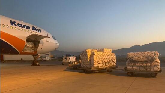 A heavy lift aircraft of the Indian Air Force was used to ferry the first consignment of relief materials while a chartered flight of Kam Air carried the second consignment of aid for Afghan people affected by the earthquake that struck early on Wednesday. (TWITTER/@MEAIndia.)