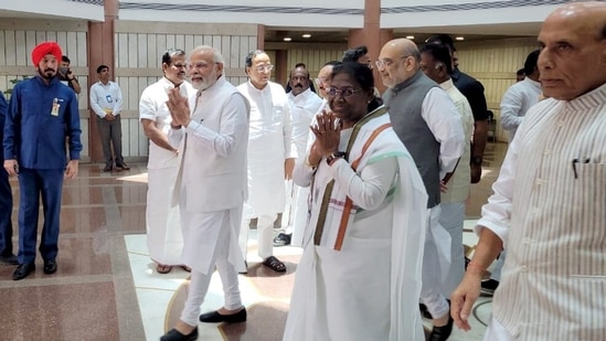 National Democratic Alliance (NDA)'s Presidential candidate Droupadi Murmu accompanied by Prime Minister Narendra Modi, Defence Minister Rajnath Singh, Union Home Minister Amit Shah and Bharatiya Janata Party (BJP) National President JP Nadda at the Parliament during filing her nomination papers, in New Delhi.(ANI)