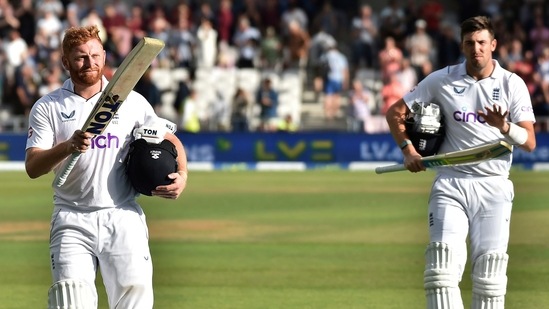 England's Jonny Bairstow and Jamie Overton leave the field at the end of play on the second day of the third cricket test match.(AP) England's Jonny Bairstow and Jamie Overton leave the field at the end of play on the second day of the third cricket test match.(AP)
