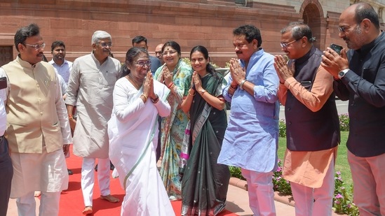 NDA's Presidential candidate Droupadi Murmu arrives at Parliament House ahead of filing of her nomination papers.(PTI)