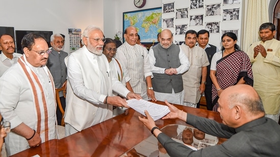 Droupadi Murmu files her nomination papers for the presidential election in the presence of Prime Minister Narendra Modi, Union Ministers Rajnath Singh, Amit Shah, Nitin Gadkari and BJP President J P Nadda, at Parliament House.(PTI)