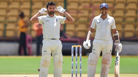 Madhya Pradesh batsman Yash Dubey (L) celebrates his century during the third day of the Ranji Trophy final(PTI) Madhya Pradesh batsman Yash Dubey (L) celebrates his century during the third day of the Ranji Trophy final(PTI)