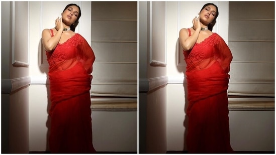 On Thursday, Bhumi took to her Instagram page to drop new pictures from a photoshoot. The actor captioned her post, "Red is my colour." Celebrity stylist Pranita Shetty styled her ethnic look.(Instagram)