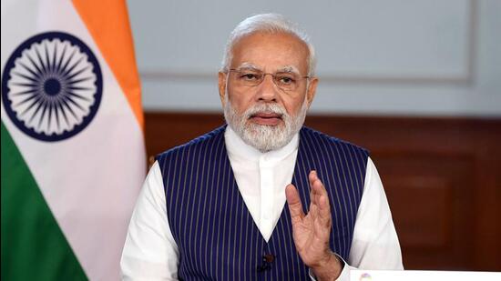 Prime Minister Narendra Modi virtually addressing at the14th ‘BRICS Summit, in New Delhi on Friday. (ANI)