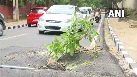 The road that was recently repaired for PM Modi's visit near Dr B R Ambedkar School of Economics (BASE) University in Bengaluru. (ANI Image)