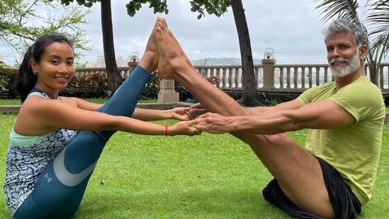 Milind Soman attempted Merudandasana for the first time and here's how it went: See his wife Ankita Konwar's reaction(Instagram)