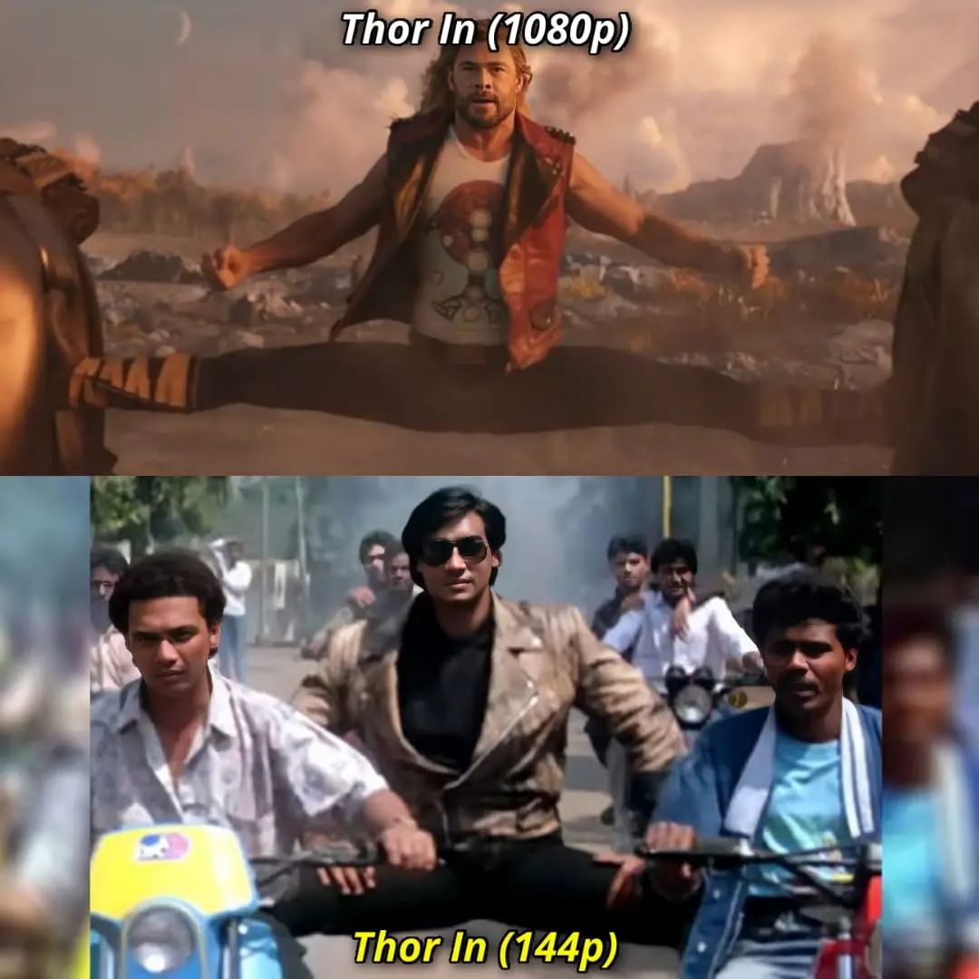 A Chris Hemsworth meme doing the same action sequence as Ajay Devgn in Phool Aur Kaante.