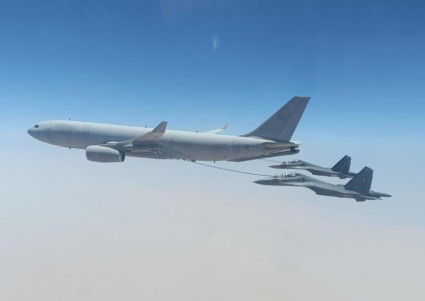 UAE Air Force MRTT aircraft provides mid-air refuelling of the IAF Su-30 MKI.. UAE Air Force MRTT aircraft provides mid-air refuelling of the IAF Su-30 MKI..