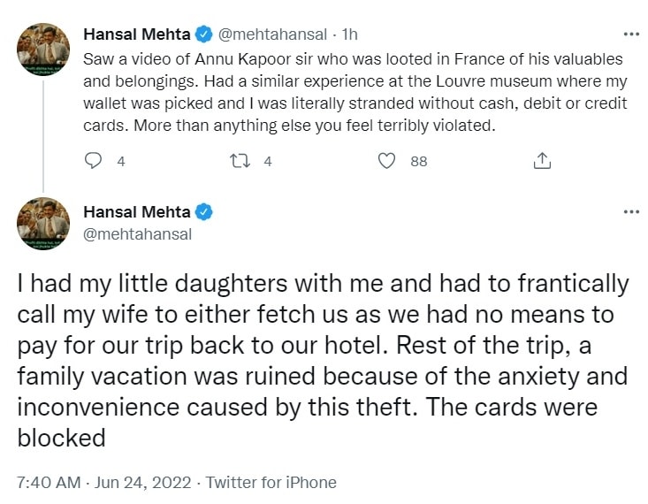 Hansal Mehta was robbed in France.&nbsp;