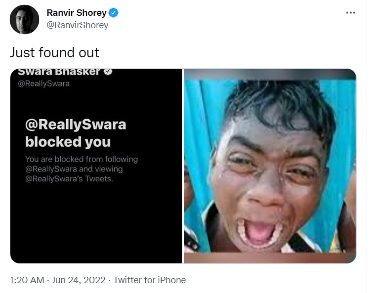 Ranvir Shorey shares on Twitter that Swara Bhasker has blocked him.