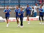 Indian players Yuzvendra Chahal, Umran Malik and others during a practice session Indian players Yuzvendra Chahal, Umran Malik and others during a practice session
