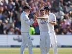 England's Matthew Potts celebrates taking the wicket of New Zealand's Kane Williamson.