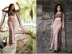 Nushrratt Bharuccha keeps it simple yet very trendy in this boho-chic attire that comes with a printed crop top, flared pants and a matching see-through cape.(Instagram/@nushrrattbharuccha)