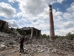 A rescuer stands amid rubbles following the destruction of a heating system plant after a Russian missile attack in Kostyantynivka, in Donetsk region.(AFP) A rescuer stands amid rubbles following the destruction of a heating system plant after a Russian missile attack in Kostyantynivka, in Donetsk region.(AFP)