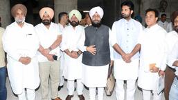 Opposition leader Partap Singh Bajwa with other Congress MPs at the Vidhan Sabha on Saturday during the budget session.  (Ravi Kumar/HT)