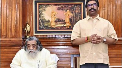 Jharkhand Mukti Morcha chief Shibu Soren with his son and Jharkhand CM Hemant Soren during a meeting with party's MPs and MLAs ahead of the Presidential election, in Ranchi on Saturday. (PTI)