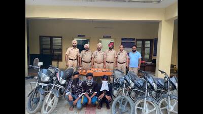 The accused snatchers and the items seized from them in custody of Ludhiana police on Saturday. (HT Photo)