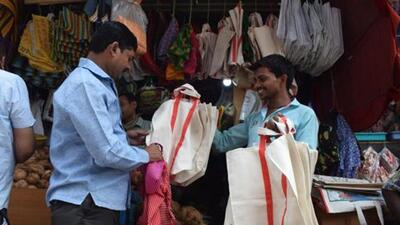 Chandigarh MC has also set up a cloth bag outlet, manned by self-help groups in Sector 26, to promote the use of cloth/jute bags and discourage use of single-use plastic. (HT Photo)