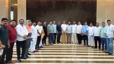Eknath Shinde with other rebel Shiv Sena MLAs at a hotel in Guwahati (PTI) (PTI) Eknath Shinde with other rebel Shiv Sena MLAs at a hotel in Guwahati (PTI) (PTI)