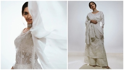 Keerthy's ensemble features a bateau neckline kurti with long sheer sleeves, scalloped cuffs, slits and pockets on the side, intricate thread embroidery, shimmering embellishments, and applique work. (Instagram) Keerthy's ensemble features a bateau neckline kurti with long sheer sleeves, scalloped cuffs, slits and pockets on the side, intricate thread embroidery, shimmering embellishments, and applique work. (Instagram)