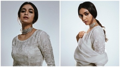 Keerthy turned muse for ace Indian designer Anita Dongre for promoting Vaashi in the traditional ivory fit. She wore the Flamingo Paradise Kurta set from the fashion label's Ready To wear collection. (Instagram) Keerthy turned muse for ace Indian designer Anita Dongre for promoting Vaashi in the traditional ivory fit. She wore the Flamingo Paradise Kurta set from the fashion label's Ready To wear collection. (Instagram)