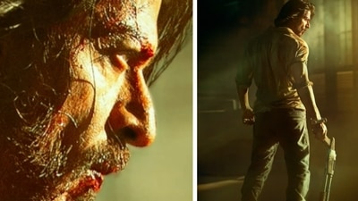 Shah Rukh Khan in and as Pathaan in the film's motion poster. Shah Rukh Khan in and as Pathaan in the film's motion poster. 