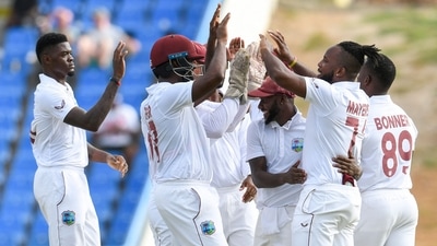 West Indies players celebrate a dismissal. (Twitter)
