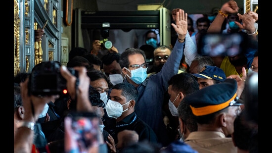 Maharashtra Chief Minister Uddhav Thackeray outside Sena Bhavan in Mumbai on Saturday. (Satish Bate/HT PHOTO) Maharashtra Chief Minister Uddhav Thackeray outside Sena Bhavan in Mumbai on Saturday. (Satish Bate/HT PHOTO)