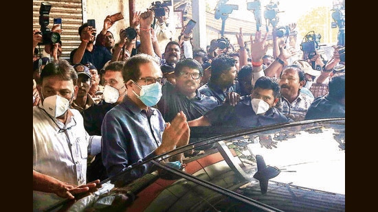 CM Uddhav Thackeray outside Sena Bhavan after the Shiv Sena’s executive meeting, in Mumbai. (PTI)