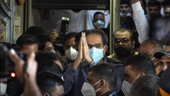 Maharashtra Chief Minister Uddhav Thackeray steps out of Sena Bhavan after holding an emergency meeting with all Shiv Sena National Executives on Saturday. (Satish Bate/HT PHOTO)