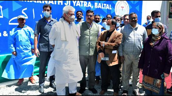 Jammu and Kashmir Lieutenant Governor Manoj Sinha inspects facilities on travel routes of Baltal ahead of the annual Amarnath Yatra, in Srinagar on Friday. Security has been heightened along the 198-km-long Indo-Pak international border. (ANI Photo/ Office of LG J&K Twitter)