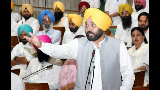 Punjab chief minister Bhagwant Mann speaks during the Budget session, in Chandigarh on Saturday. (PTI)