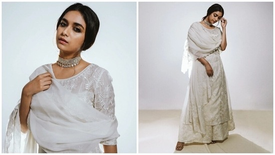 On Friday, Keerthy dropped several pictures of herself dressed in the ivory suit set on Instagram with the caption, "Reigning my love for [white] #VaashiPromotions." Celebrity stylist Archa Mehta styled the actor for the occasion.(Instagram)