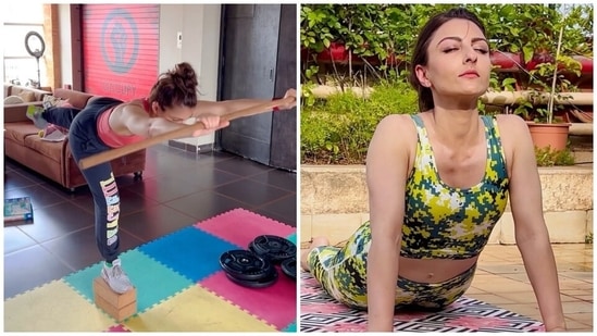 Soha Ali Khan gets ready for the weekend with core workout using sticks, yoga bricks and dumbbells(Instagram)