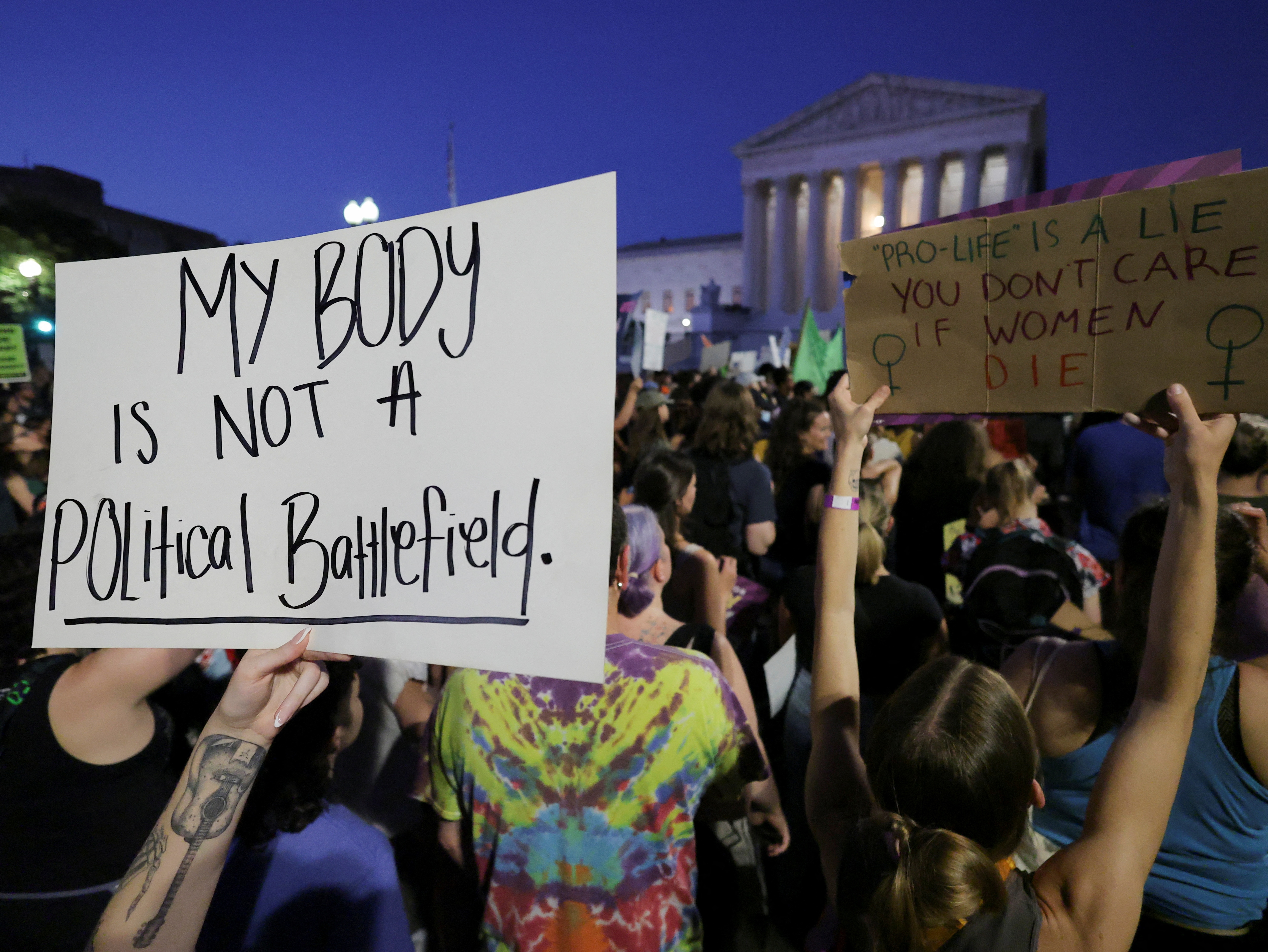 Abortion rights demonstrators protest outside the US Supreme Court as the court rules in the Dobbs v Women's Health Organization abortion case, overturning the landmark Roe v Wade abortion decision in Washington, on June 24, 2022.&nbsp; (REUTERS)