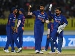 Hardik Pandya and Rishabh Pant gesture during the T20I series against South Africa(AFP)