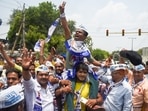 AAP workers celebrate after party candidate Durgesh Pathak won Rajinder Nagar by-elections, in New Delhi.(PTI) AAP workers celebrate after party candidate Durgesh Pathak won Rajinder Nagar by-elections, in New Delhi.(PTI)