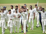 Madhya Pradesh's players celebrate their win after their team beat Mumbai by 6 wickets in the Ranji Trophy final cricket match.(PTI) Madhya Pradesh's players celebrate their win after their team beat Mumbai by 6 wickets in the Ranji Trophy final cricket match.(PTI)