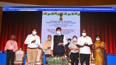Union minister for health and family welfare Mansukh Mandaviya virtully laying the foundation stone of CGHS (Central Government Health Scheme) wellness centre and lab at Avadi in Thiruvallur district of Tamil Nadu. (ANI)
