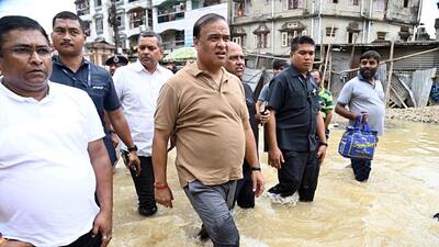 Assam chief minister Himanta Biswa Sarma inspects the flood-affected areas of Silchar, in Cachar district on Sunday. (ANI) Assam chief minister Himanta Biswa Sarma inspects the flood-affected areas of Silchar, in Cachar district on Sunday. (ANI)